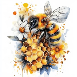 Könnte beinhalten: Aquarellillustration einer Biene auf einer Honigwabe, umgeben von weißen Gänseblümchen, gelben Blumen und blauen Blättern. Die Biene hat schwarz-gelbe Streifen mit transparenten Flügeln. Das Kunstwerk hat einen weichen, künstlerischen Stil mit Aquarellspritzern.