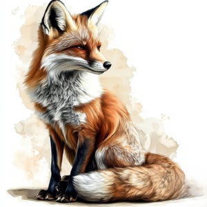 Può includere: Illustrazione dettagliata di una volpe seduta, che mostra un vivace mix di pelliccia arancione, bianca e nera. La volpe ha una coda soffice ed è ambientata su uno sfondo morbido, simile a un acquerello. L'opera d'arte cattura l'espressione attenta della volpe.