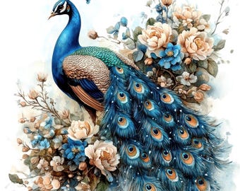 14 Adorable Peacock Clipart, 14 High Quality JPGs, Digital Download, Paper Craft, Junk Journal, Gorgeous Peacock, Watercolor Clipart