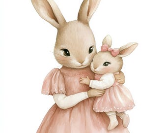 10 Mother and Baby Bunny Clipart, Printable Watercolor Clipart, High Quality JPGs, Paper Craft, Digital Download, Rabbit Clipart