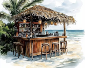 10 tropiska bar clipart, 10 högkvalitativa JPG-bilder, digital nedladdning, tropisk strand, pappershantverk, akvarell clipart, strandbar clipart