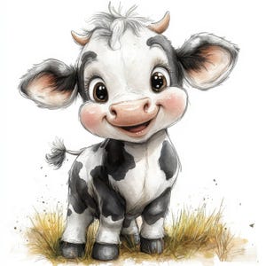 May include: A cartoon illustration of a smiling baby cow. The cow has a black and white spotted coat, small horns, and large brown eyes. It is standing in a patch of grass, with a white background.