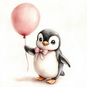 10 imágenes prediseñadas de pingüinos bebés con globo, 10 archivos JPG de alta calidad, descarga digital, imágenes prediseñadas de acuarela, manualidades de papel, diario basura, scrapbooking