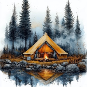 10 Cozy Camping Clipart, Camping Tent Clipart, Junk Journal, Watercolor Clipart, Digital Download, Paper Craft, High Quality JPGs