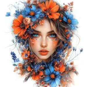 Op de afbeelding: Digitaal portret van een vrouw met blauwe ogen en oranjerode lippen, versierd met een bloemenkrans van oranje en blauwe bloemen. Het kunstwerk toont gedetailleerde gelaatstrekken en een zachte, aquarelachtige stijl, tegen een witte achtergrond.