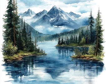 10 imágenes prediseñadas de paisajes lacustres, 10 archivos JPG de alta calidad, descarga digital, amanecer en el lago, imágenes prediseñadas de acuarela, scrapbooking, manualidades digitales con papel