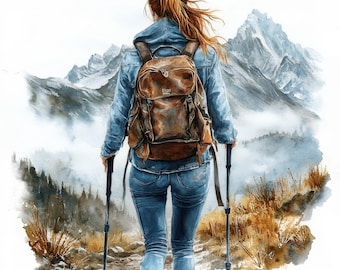 10 Hiking Woman Clipart, Mountain Hiking, Junk Journal, Paper Craft, Printable Watercolor Clipart, High Quality JPG, Digital Download