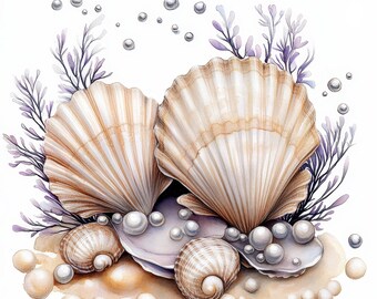 20 輝く真珠のクリップアート | 開いた貝殻のイラスト | 印刷可能な