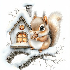 May include: Watercolor illustration of a cute squirrel holding a nut, perched on a snow-covered branch. A small, snow-covered house with a chimney is in the background. The squirrel has brown fur and big, dark eyes.