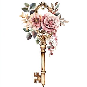 以下が含まれることがあります： ピンクのバラ、その他の花、葉で飾られた、ヴィンテージの金色の鍵の水彩イラスト。 鍵は複雑なディテールを持ち、花の配置がロマンチックなタッチを加えます。 背景は白です。