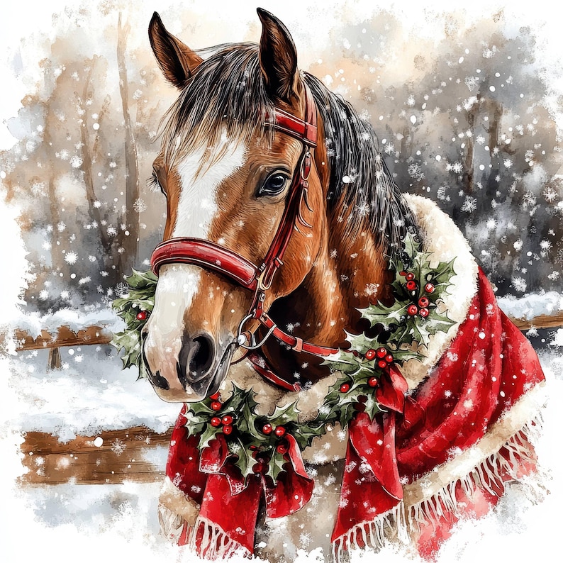 10 Watercolor Christmas Horses Clipart, 10 High Quality Jpgs, Digital ...