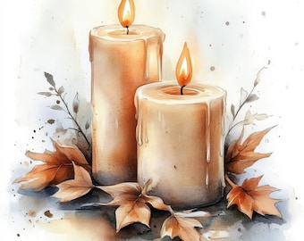 May include: Watercolor illustration of two lit candles with dripping wax, surrounded by autumn leaves. The candles have orange flames and are set against a soft, watercolor background. The leaves are in shades of brown and orange.