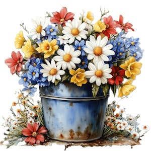 10 Wildflowers Clipart, Wildflowers in Bucket, Junk Journal, Paper Craft, Watercolor Clipart, High Quality JPGs, Digital Download