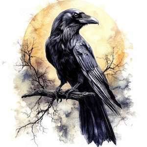 May include: A detailed illustration of a black raven perched on a branch, set against a backdrop of a full moon and bare tree branches. The raven's feathers are intricately detailed, and the overall style is reminiscent of a watercolor painting.