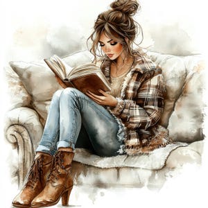 May include: A watercolour illustration depicts a person engrossed in a book on a white sofa. They wear a brown and white plaid jacket, light blue jeans, and brown heeled boots. The book has a brown cover.