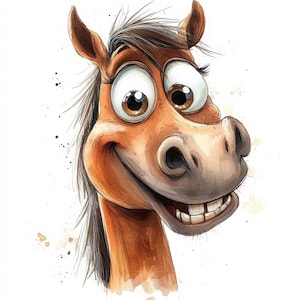 Könnte beinhalten: Aquarellillustration eines lächelnden Pferdekopfes. Das Pferd hat große, ausdrucksstarke Augen, eine braune Mähne und ein hellbraunes Fell. Das Bild hat einen cartoonartigen Stil mit weißem Hintergrund und Aquarellspritzern.