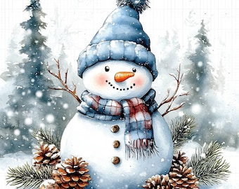 10 Snowman Clipart, Christmas Clipart, Printable Watercolor Clipart, Digital Download, Paper Craft, High Quality JPGs, Junk Journal, Winter