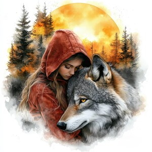 Op de afbeelding: Waterverfillustratie van een persoon in een rode capuchon die een grijze wolf omarmt. De achtergrond toont een boslandschap met een oranje zonsondergang en hoge dennenbomen.