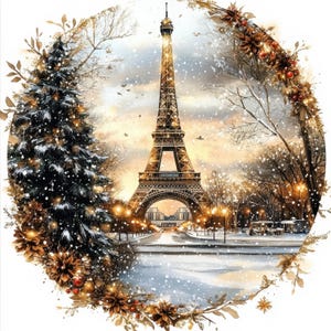 Eiffel Christmas In Paris Clipart, Christmas Card, Junk Journal, Digital Paper Craft, Watercolor Clipart, High Quality JPG, Digital Download