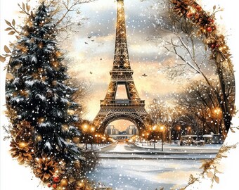 Eiffel Christmas In Paris Clipart, Christmas Card, Junk Journal, Digital Paper Craft, Watercolor Clipart, High Quality JPG, Digital Download