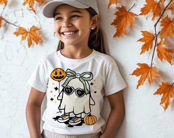 Halloween-spookpompoenshirt voor kinderen png, grappige halloween png, sublimatie leuke spookcoquette png, griezelig halloween-kindershirt, herfstpompoen