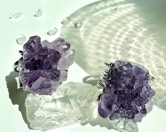 Raw Amethyst Handmade Ring | Wide & Multi-Band Adjustable Silver Rings | Natural Purple Crystal Jewelry | Healing Gift for Her