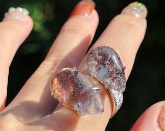 ¡Oferta! Anillo de doble cristal de cuarzo fantasma morado natural y cuarzo fantasma rojo. Joyería única y ajustable. Piedra preciosa con energía curativa.