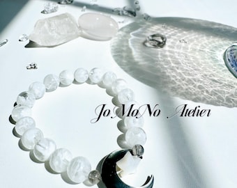 Premium Quality White Phantom Quartz Snowstorm Mother of Pearl Crescent Moon and Star Natural 8mm Bead Bracelet Purifying Healing Energy