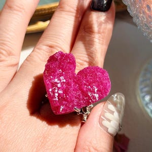 Raw Ruby Heart Ring, Pink Druzy Crystal Ring, Adjustable Statement Ring, Gothic Fairycore Jewelry, Natural Ruby Gemstone Gift for Her