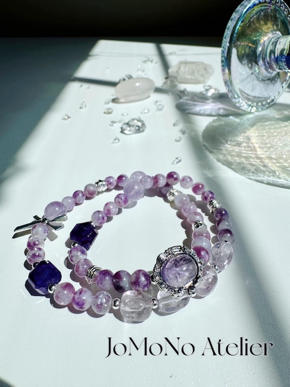 Raw Lepidolite & Amethyst Double Wrap Bracelet • Crystal Healing Jewelry • Purple Gemstone Beaded Bracelet • Boho Spiritual Gift for Her