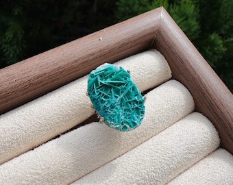 Emerald Frost Green Aragonite Ring | Raw Starburst Crystal Statement Ring | Adjustable Silver Band | Bold Boho Healing Jewelry Gift