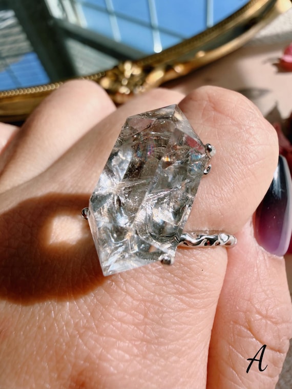 Raw Crystal Ring, Rainbow Quartz Ring, Black Phantom Quartz, Aurora Calcite, Pink Calcite Ring, Adjustable Crystal Jewelry Gift for Her