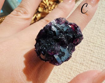 Raw Purple Crystal Ring, Amethyst Fluorite Statement Ring, One of a Kind Druzy Ring, Adjustable Crystal Jewelry Gift for Her