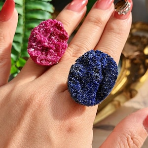 Ruby or Sapphire Druzy Ring, Raw Corundum Crystal Statement Ring, Natural Druzy Cocktail Ring, Gothic Witchy Birthstone Jewelry Gift