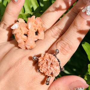 Peach Stilbite Crystal Cluster Ring, Rare Clear Apophyllite Druzy Ring, Raw Pink Zeolite Statement Ring, One of a Kind Adjustable Ring