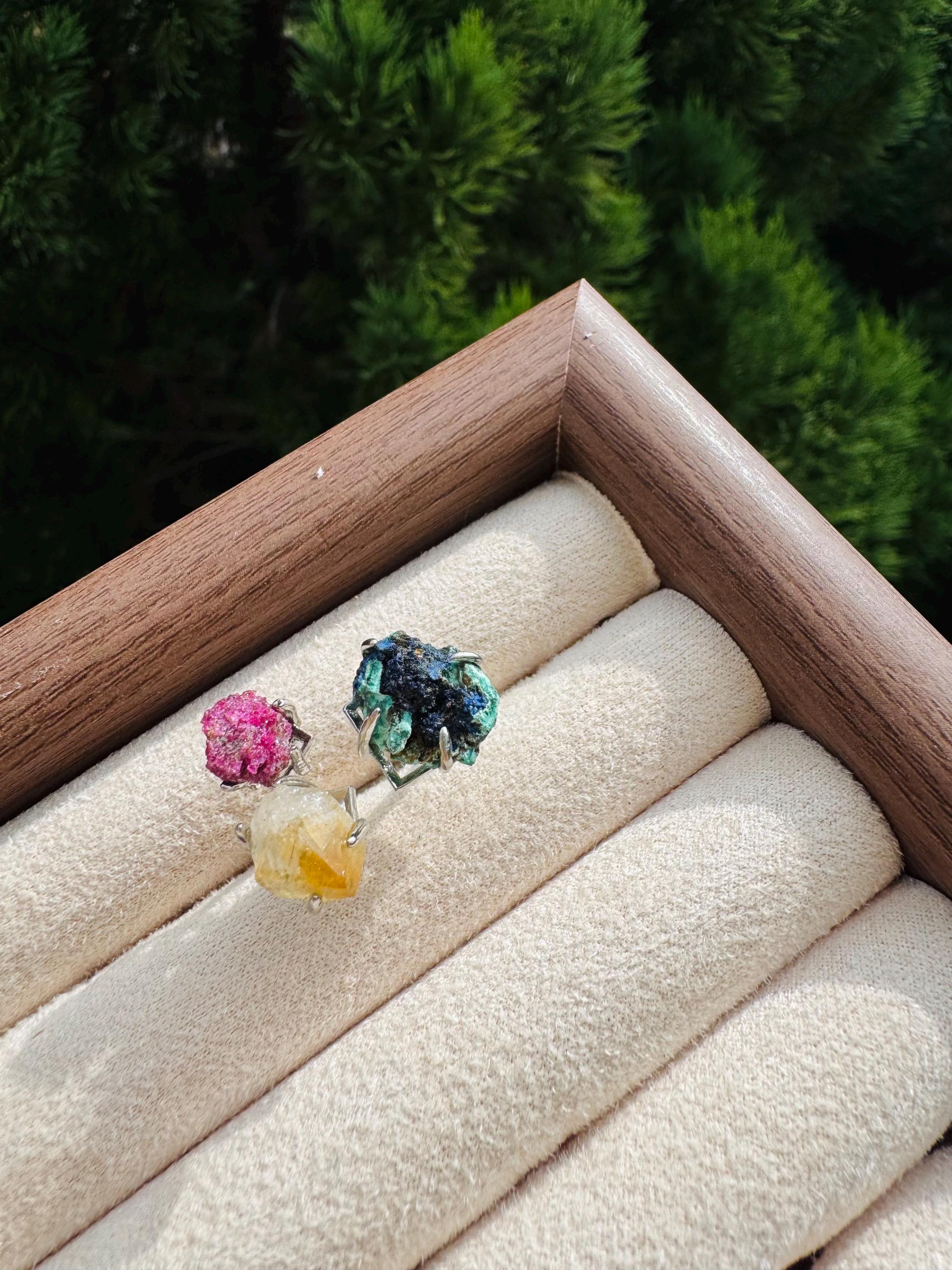 Raw Cobaltoan Calcite Citrine and Chrysocolla Ring Triple Crystal Ring for Love, Abundance and Healing Boho Statement Gemstone Jewelry