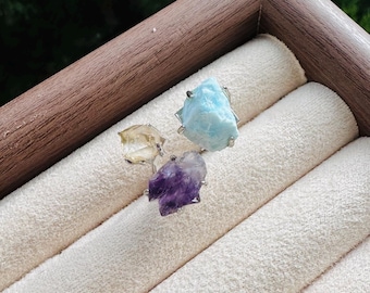 Raw Amethyst Larimar and Citrine Ring Triple Crystal Adjustable Ring for Peace Joy and Communication Boho Chakra Statement Gemstone Jewelry