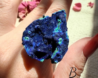 Raw Crystal Ring Blue Azurite Malachite Fluorite Druzy Ring Adjustable Statement Crystal Jewelry Gift for Her Unique Gemstone Ring