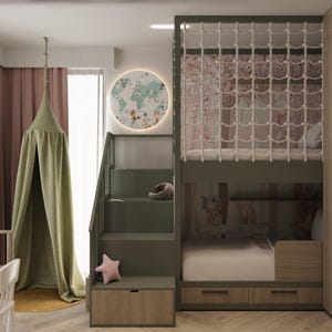 May include: A child's bedroom with a bunk bed, a canopy, and a desk. The bunk bed has a ladder and a safety net. The canopy is olive green. A round wall decoration with a world map is also visible.