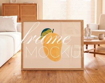 5:4 Horizontal Frame Mockup, Scandi Interior Home, Wood Wall Art Display (PSD File)