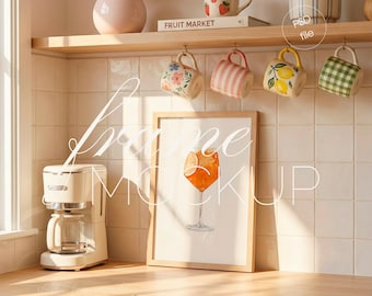 Wood Frame Mockup, Modern Kitchen Coffee Station, 2:3 Vertical Wall Art Display (PSD File)