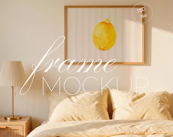 Wood Frame Above Bed Mockup, Scandi DIN A Horizontal Wall Art Display (PSD File)