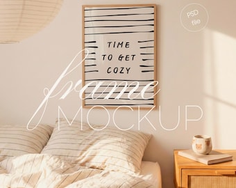 DIN A Frame Mockup Bedroom, Vertical Wood Poster, Cozy Wall Art Display (PSD File)