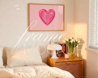 DIN A Frame Mockup Bedroom, Horizontal Wood Poster, Cozy Wall Art Display (PSD File)