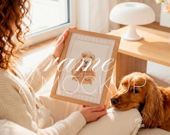 Vertical DIN A Frame Mockup with Dog, Person Holding Pet Wall Art Display (PSD File)