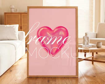 DIN A Vertical Frame Mockup, Scandi Interior Home, Wood Wall Art Display (PSD File)