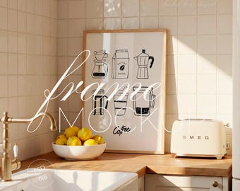 Wood DIN A Vertical Frame Mockup, Scandi Kitchen Interior, Wall Art Display (PSD File)