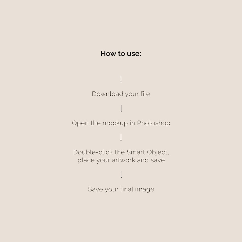 Op de afbeelding: Een beige afbeelding met de tekst "How to use:" gevolgd door instructies: Download uw bestand, open de mockup in Photoshop, dubbelklik op het slimme object, plaats uw illustratie en sla op, en sla uw uiteindelijke afbeelding op.