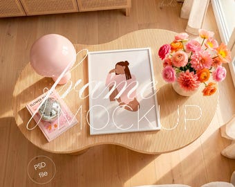 3:4 White Frame Mockup, Modern Living Room, Vertical Wall Art Display (PSD File)
