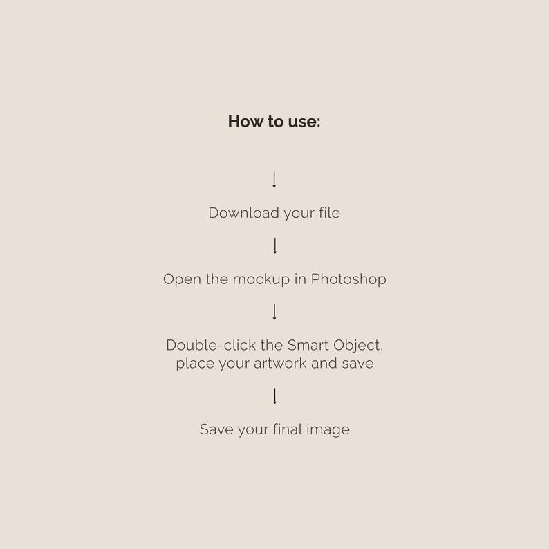May include: A beige graphic with the text "How to use:" followed by instructions: Download your file, open the mockup in Photoshop, double-click the Smart Object, place your artwork and save, and save your final image.